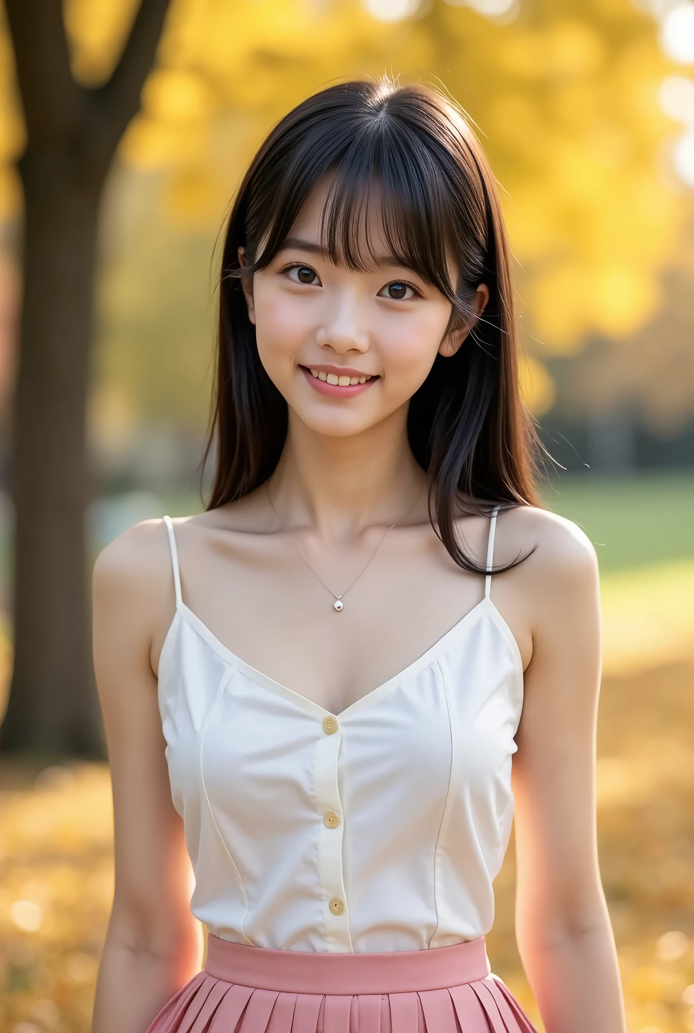 (masterpiece, Best Quality:1.2), One girl, Alone, Japanese women,  20 years old,  Beauty, Beautiful slim figure, (Super cute idol-like face), Perfect Face, Perfect Face, Perfect eyes with perfect symmetry, Very detailed, Real, High resolution, Happy expression, Beautiful breasts, Brown eyes,　White sleeveless blouse、Pink pleated skirt, Beautiful legs,  smile, Black Hair、Medium Straight Hair, With bangs, In a beautiful autumn park,