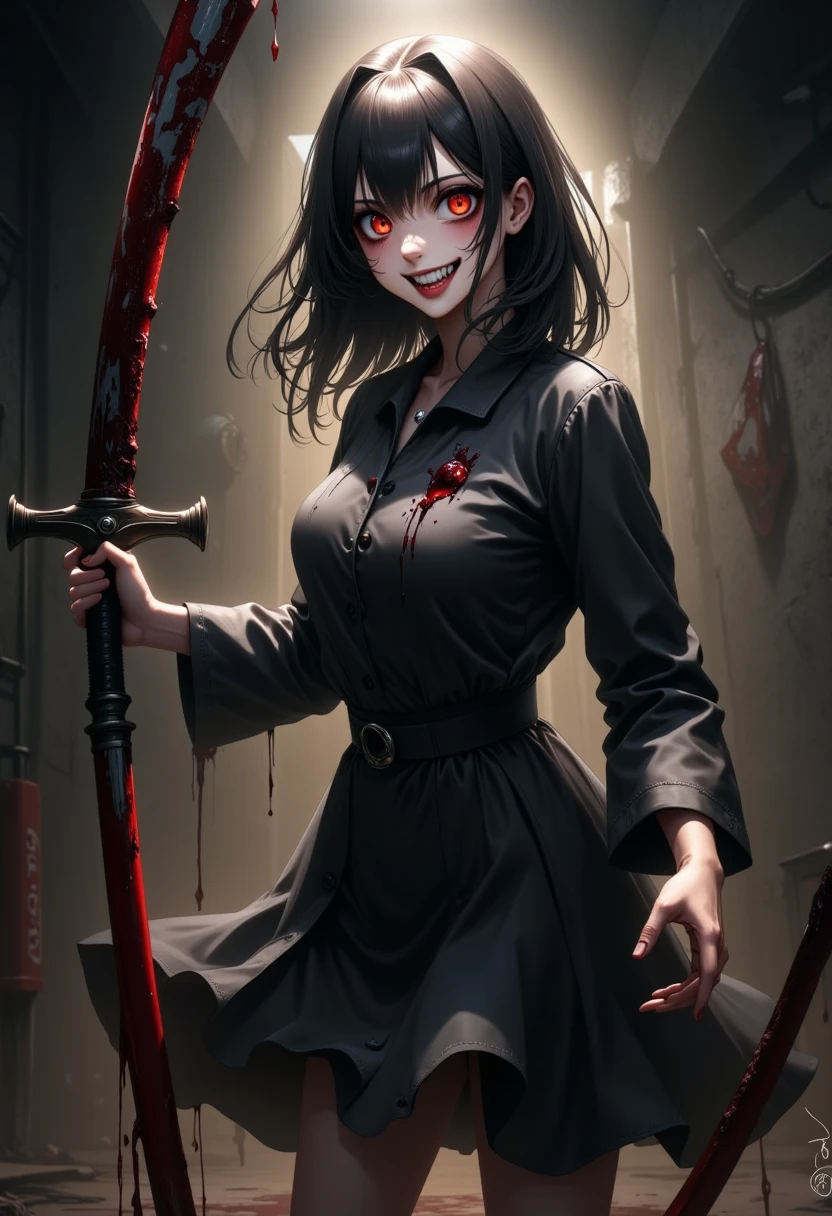 1girl,scary girl,bloody sword right hand,