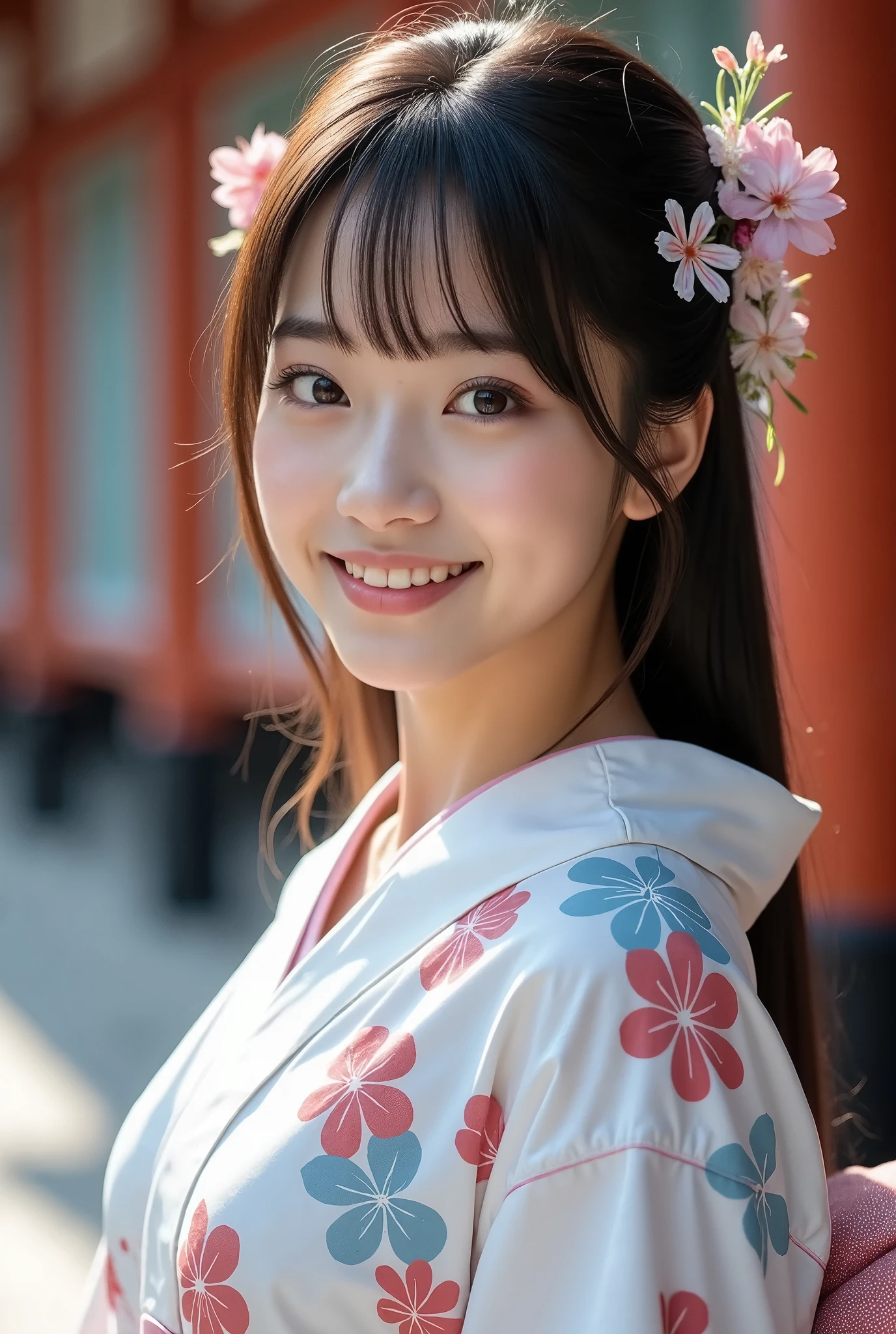 (masterpiece, Best Quality:1.2), One girl, Alone, Japanese women,  20 years old,  Beauty, Beautiful slim figure, (Super cute idol-like face), Perfect Face, Perfect Face, Perfect eyes with perfect symmetry, Very detailed, Real, High resolution, Happy expression, Beautiful breasts, Brown eyes,　(A beautiful yukata with a white background and pink and light blue Japanese-style flower pattern)、kimono, Black Hair、Japanese style hair accessories, With bangs, At a Japanese shrine,