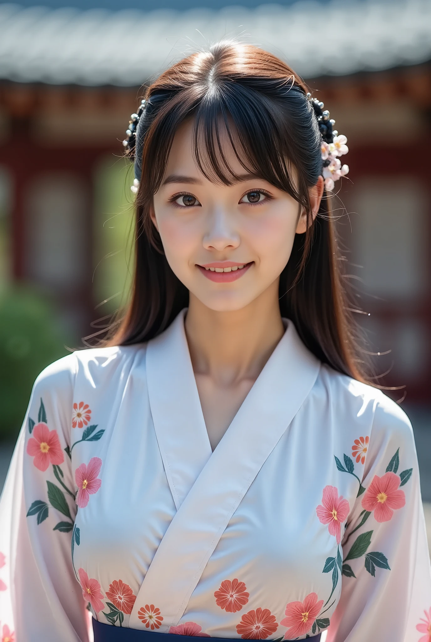 (masterpiece, Best Quality:1.2), One girl, Alone, Japanese women,  20 years old,  Beauty, Beautiful slim figure, (Super cute idol-like face), Perfect Face, Perfect Face, Perfect eyes with perfect symmetry, Very detailed, Real, High resolution, Happy expression, Beautiful breasts, Brown eyes,　(A beautiful yukata with a white background and pink and light blue Japanese-style flower pattern)、kimono, Black Hair、Japanese style hair accessories, With bangs, At a Japanese shrine,