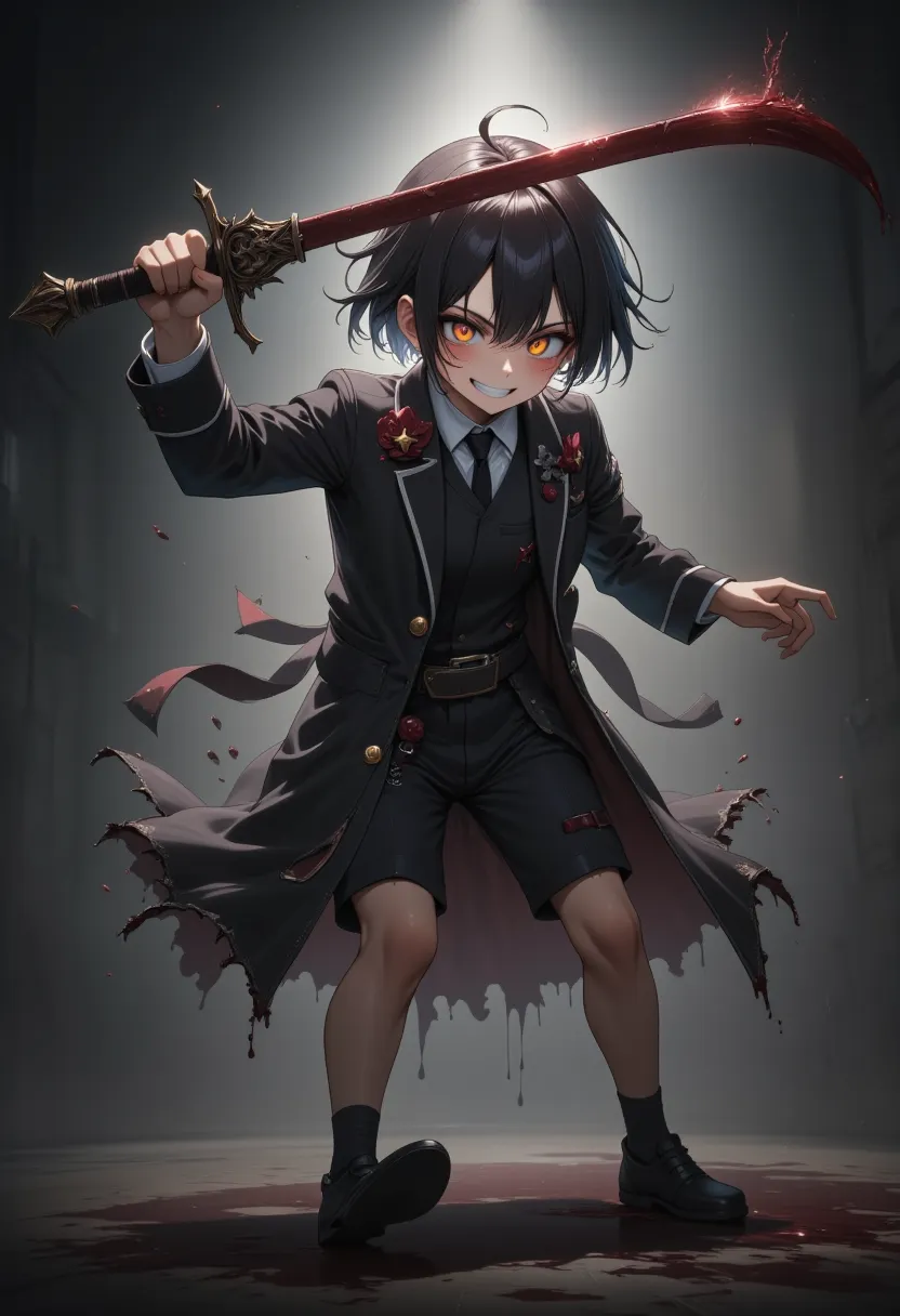 1boy,scary,bloody sword right hand,