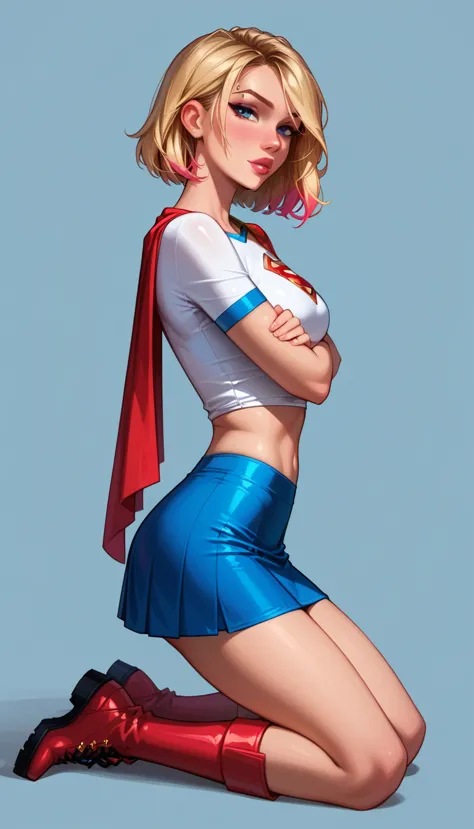 score_9, score_8_up, score_7_up, 1girl, (short hair gwen stacy, blonde, colorful highlights, wearing supergirl costume, tight wh...