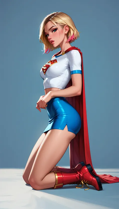 score_9, score_8_up, score_7_up, 1girl, (short hair gwen stacy, blonde, colorful highlights, wearing supergirl costume, tight wh...