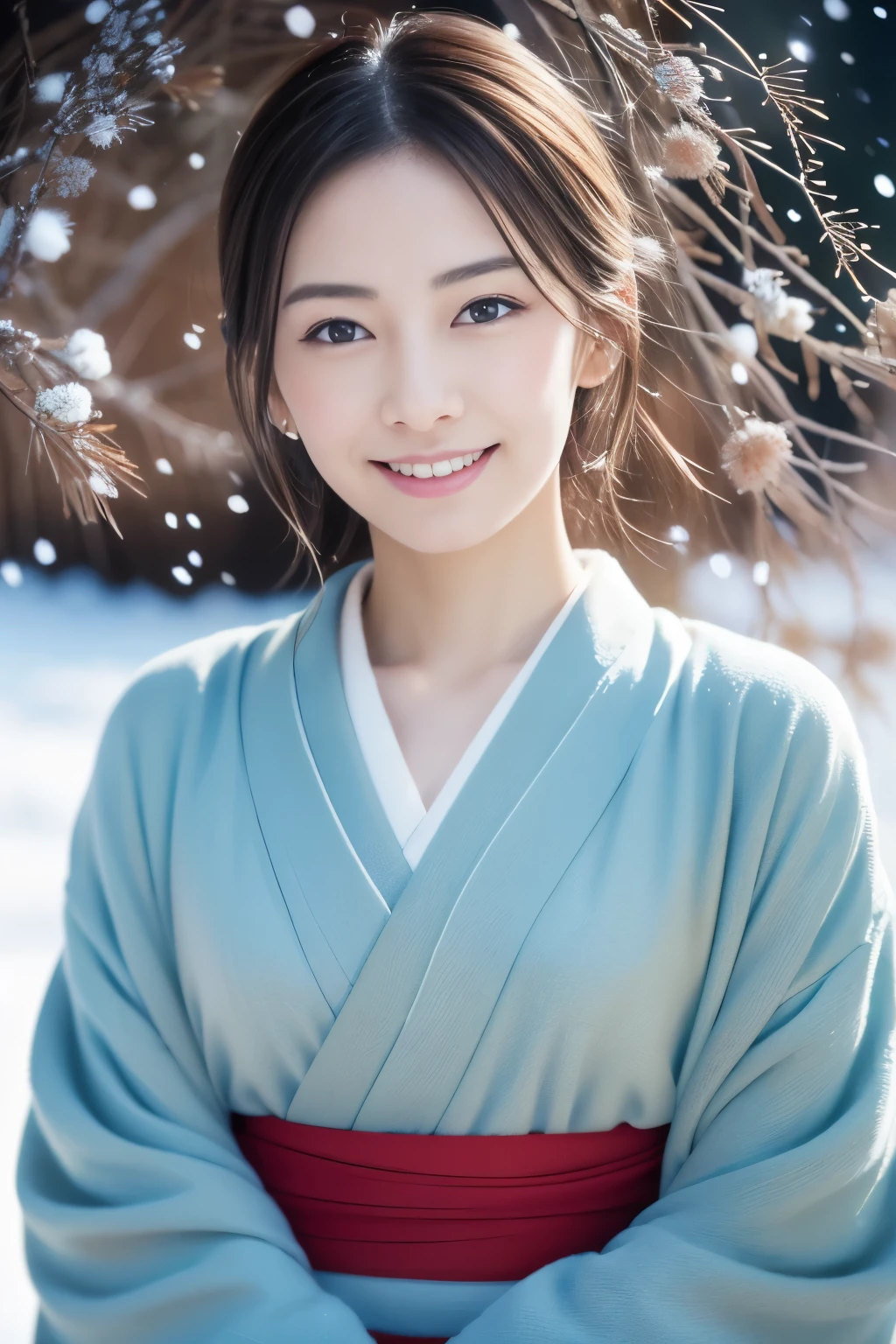 Realistic photos, Beautiful Eyes, A refreshing smile, Flowing black hair, Elegant kimono, Snow Background, Calm expression, Soft lighting, Traditional Japanese art style, Vibrant colors, Peaceful atmosphere, Delicate features, Graceful posture