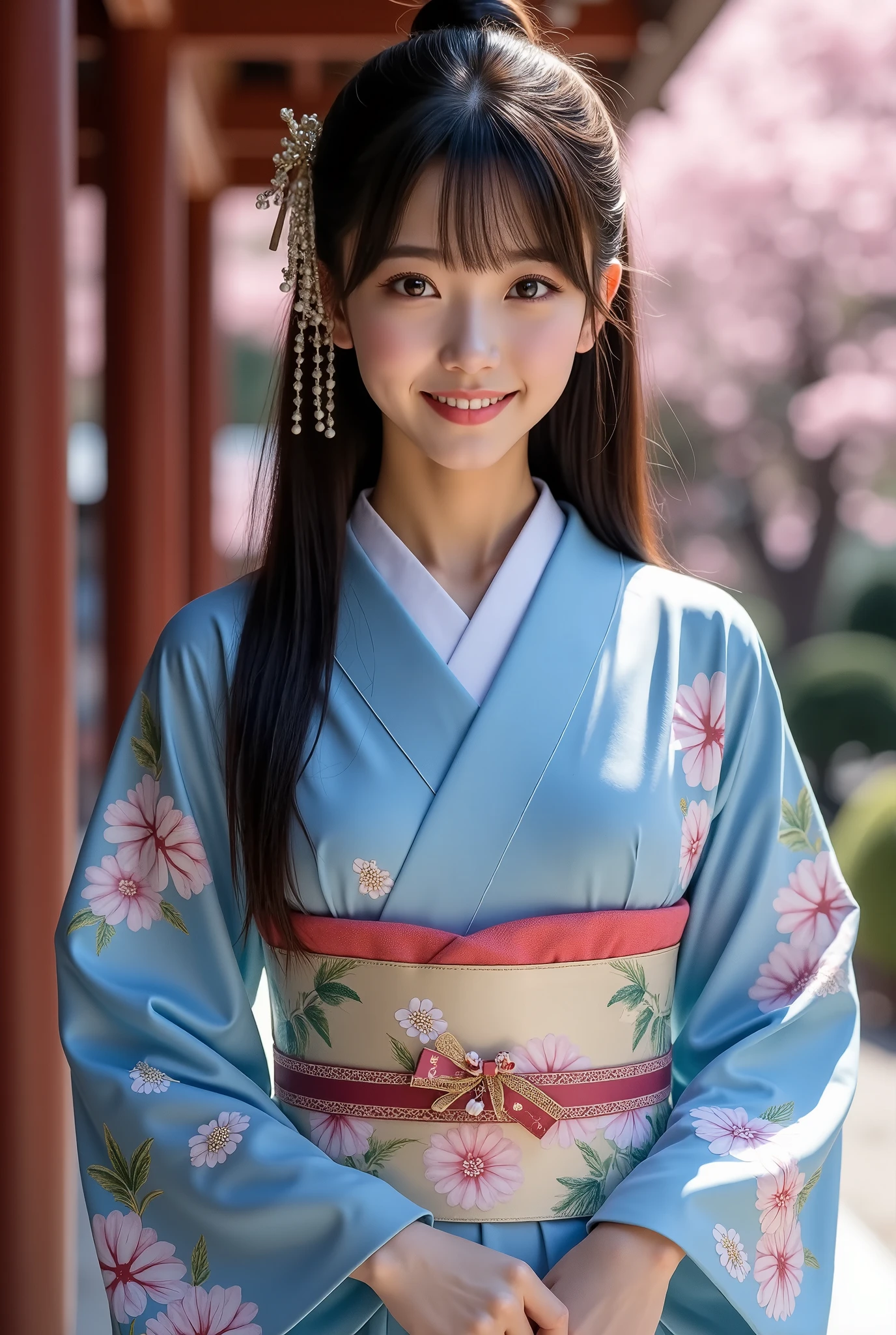 (masterpiece, Best Quality:1.2), One girl, Alone, Japanese women,  20 years old,  Beauty, Beautiful slim figure, (Super cute idol-like face), Perfect Face, Perfect Face, Perfect eyes with perfect symmetry, Very detailed, Real, High resolution, Happy expression, Beautiful breasts, Brown eyes,　(A beautiful and gorgeous kimono with a blue background and pink Japanese-style floral pattern)、Black Hair、Japanese style hair accessories, With bangs, At a Japanese shrine,