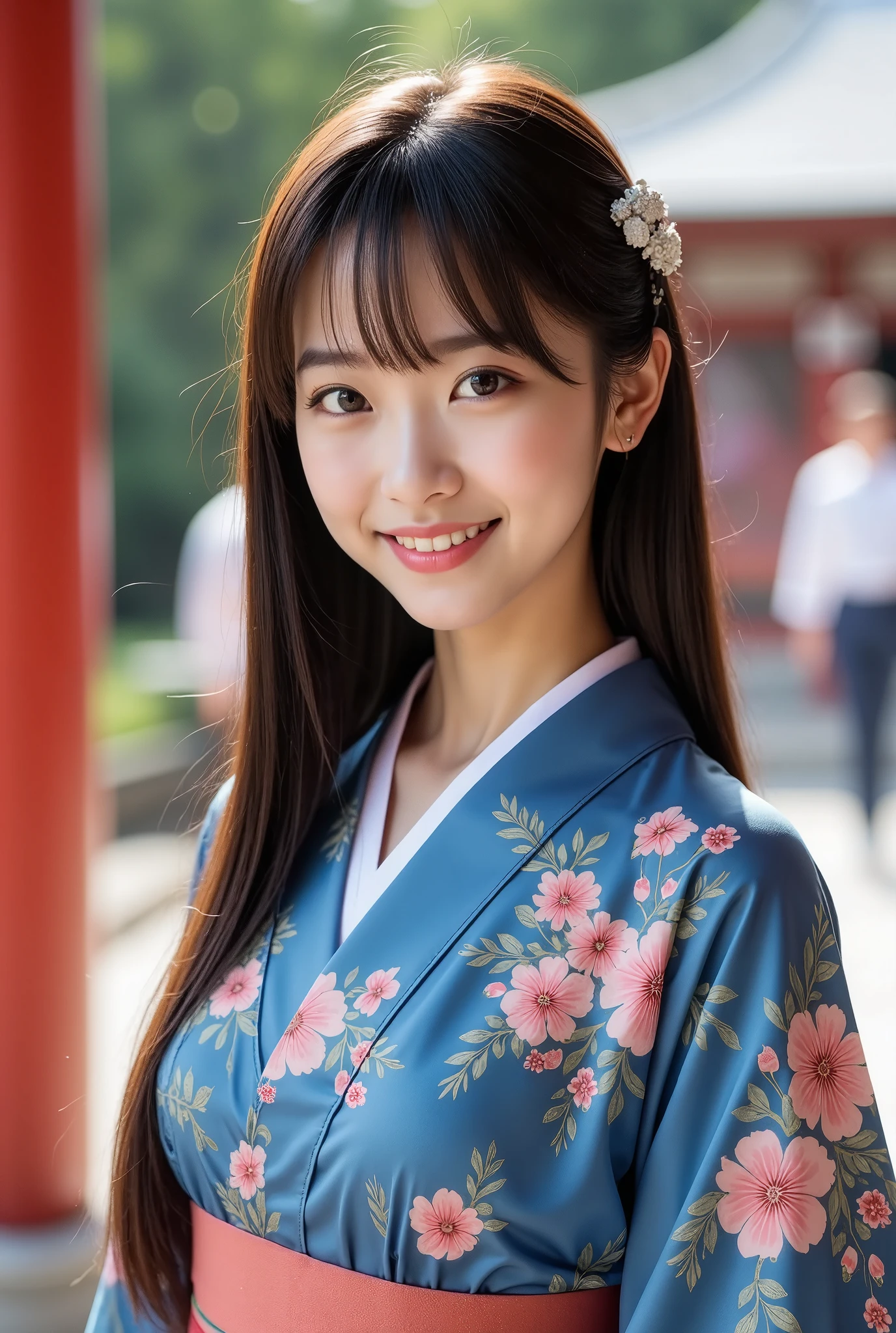 (masterpiece, Best Quality:1.2), One girl, Alone, Japanese women,  20 years old,  Beauty, Beautiful slim figure, (Super cute idol-like face), Perfect Face, Perfect Face, Perfect eyes with perfect symmetry, Very detailed, Real, High resolution, Happy expression, Beautiful breasts, Brown eyes,　(A beautiful and gorgeous kimono with a blue background and pink Japanese-style floral pattern)、Black Hair、Japanese style hair accessories, With bangs, At a Japanese shrine,