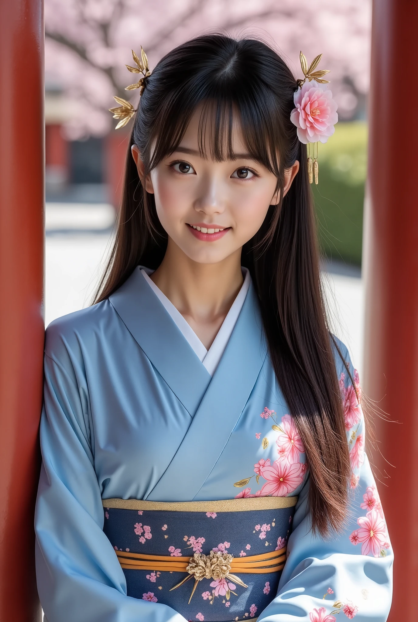 (masterpiece, Best Quality:1.2), One girl, Alone, Japanese women,  20 years old,  Beauty, Beautiful slim figure, (Super cute idol-like face), Perfect Face, Perfect Face, Perfect eyes with perfect symmetry, Very detailed, Real, High resolution, Happy expression, Beautiful breasts, Brown eyes,　(A beautiful and gorgeous kimono with a blue background and pink Japanese-style floral pattern)、Black Hair、Japanese style hair accessories, With bangs, At a Japanese shrine,