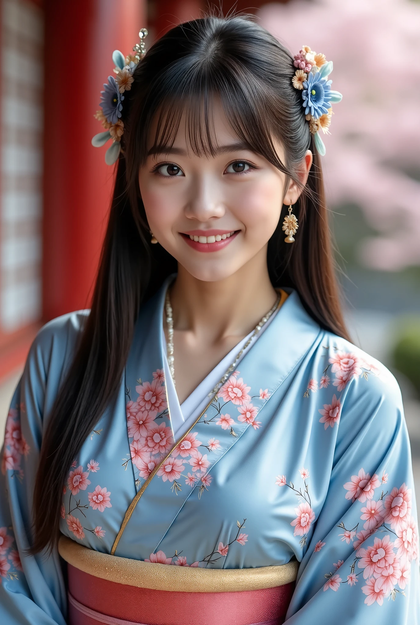 (masterpiece, Best Quality:1.2), One girl, Alone, Japanese women,  20 years old,  Beauty, Beautiful slim figure, (Super cute idol-like face), Perfect Face, Perfect Face, Perfect eyes with perfect symmetry, Very detailed, Real, High resolution, Happy expression, Beautiful breasts, Brown eyes,　(A beautiful and gorgeous kimono with a blue background and pink Japanese-style floral pattern)、Black Hair、Japanese style hair accessories, With bangs, At a Japanese shrine,