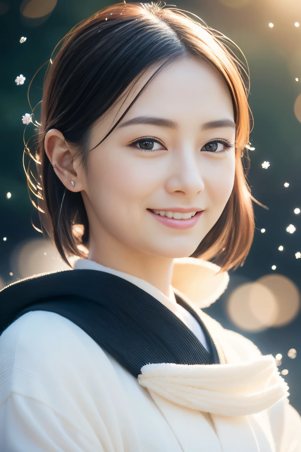 Realistic photos, Beautiful Eyes, A refreshing smile, Flowing black hair, Elegant kimono, Snow Background, Calm expression, Soft lighting, Traditional Japanese art style, Vibrant colors, Peaceful atmosphere, Delicate features, Graceful posture