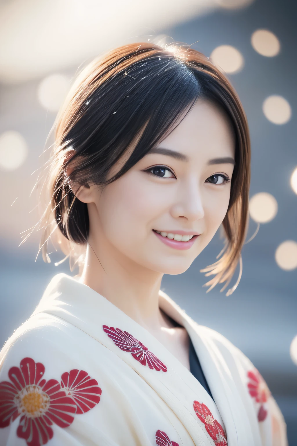 Realistic photos, Beautiful Eyes, A refreshing smile, Flowing black hair, Elegant kimono, Snow Background, Calm expression, Soft lighting, Traditional Japanese art style, Vibrant colors, Peaceful atmosphere, Delicate features, Graceful posture