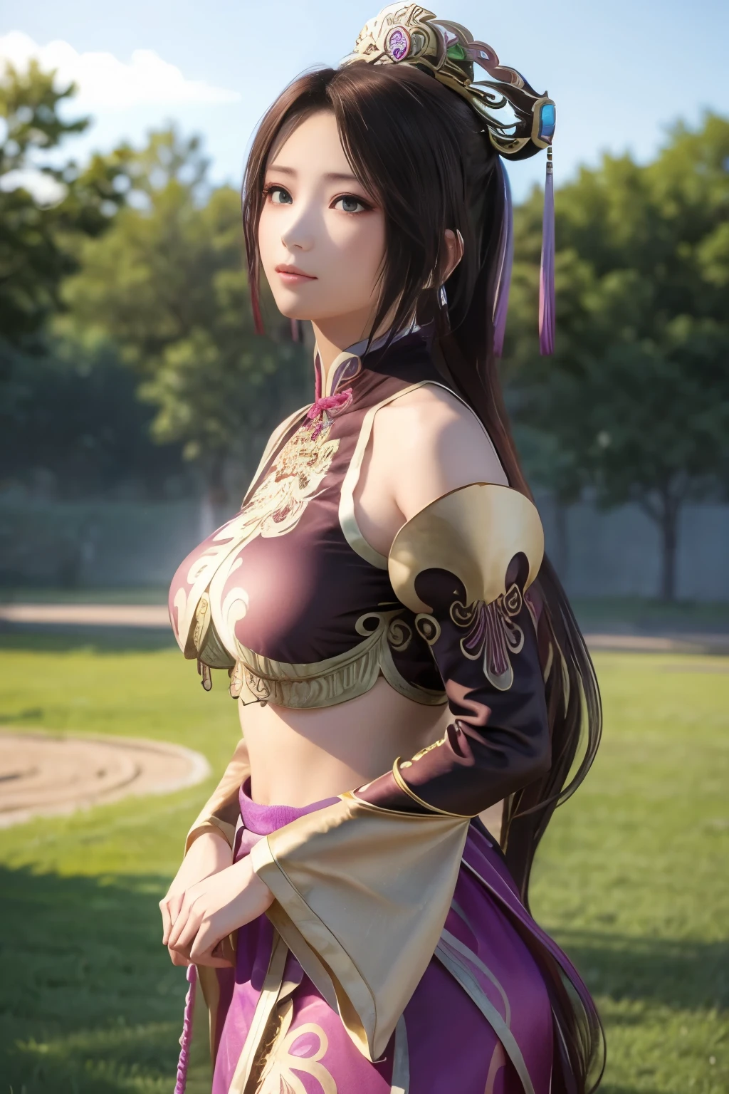 Diao Chan from Romance of the Three Kingdoms,masterpiece、Field,Grass area,beautiful girl、Fine Eyes、Puffy eyes、Too big breasts、Curved waist、Big Ass、highest quality, 超High resolution, (reality: 1.4), Cinema Lighting、Japanese、Asian Beauty、so beautiful、Beautiful Skin、(超reality的な)、(High resolution)、(8k)、(Very detailed)、(美しくFine Eyes)、(Very detailed)、Detailed face、Bright lighting、Professional Lighting、Diagonal Bangster Piece:1.4),(highest quality:1.4),(Confused:1.4)