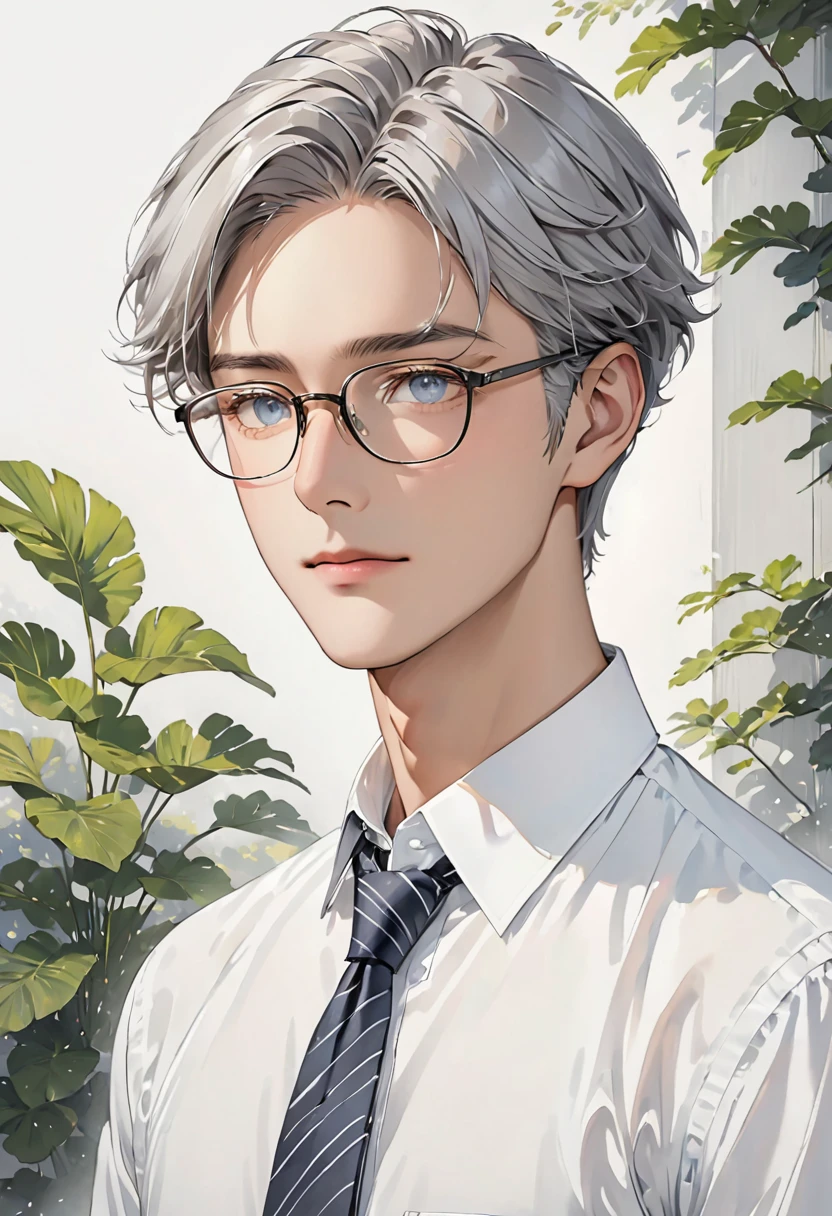 Illustration、modern、male、Gray Hair、Glasses、White shirt、tie、Gentle Eyes、Calm、Portraiture、Bust Up