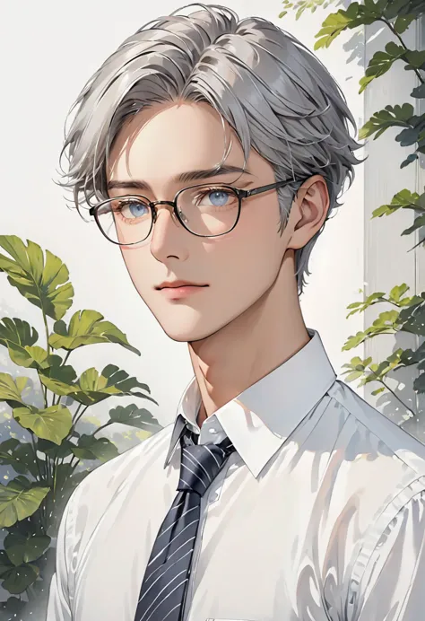 illustration、modern、male、gray hair、glasses、white shirt、tie、gentle eyes、calm、portraiture、bust up