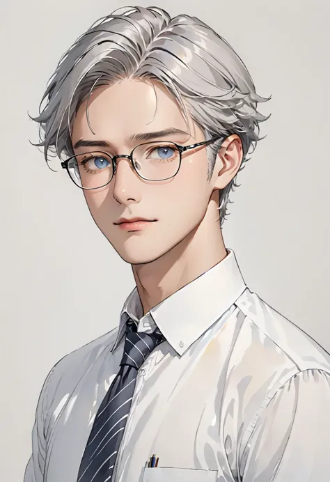 illustration、modern、male、gray hair、glasses、white shirt、tie、gentle eyes、calm、portraiture、bust up