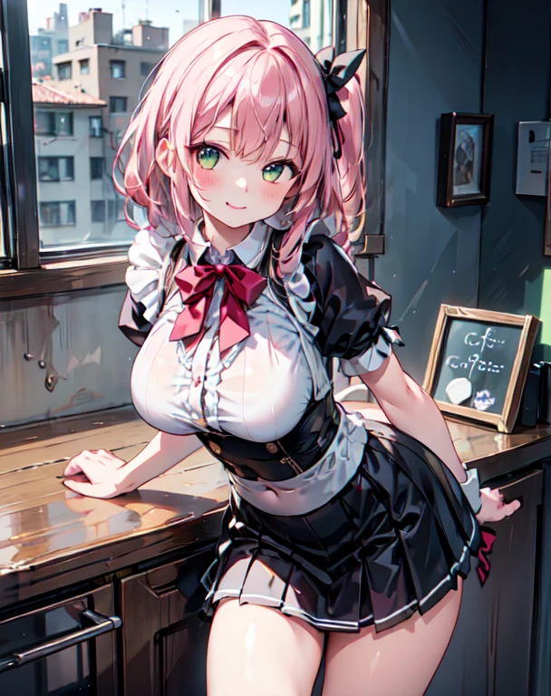 high, ultra detailed, (1girl:1.3), (dynamic pose):1.0 INTERVAL, imagem de cowboy, top angle, ((1 extremely cute and cute coffee girl standing at the coffee counter)), box, wearing a gothic lolita maid's outfit, collared shirt and a long pleated green skirt at knee length, black apron, She has two-tailed blonde hair, red hair ribbons, gigantic chest, until, abs, chibi-character, 6 natural size, detailed clothes, detailed body, Detailed arms, human hands, detailed hands, Blush, embarrassed, light smile, happy, ,light smile, mouth closed, PINK LIPSTICK, surprised, looking at the viewer, facing the viewer, Beautiful model pose, extremely leaning forward towards the viewer, hands on the stomach, studio soft light, Cinematic light, detailed background, symmetric, hyper-realistic, highly detailed, intricate, Very smooth, sharp focus, Redshift rendering, 8k, Realistic, Ultra-realistic, master part,,大きい胸、