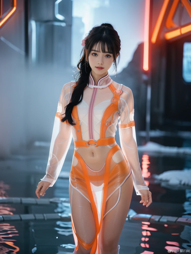 ((A woman)), 美丽脸庞的Sexy中国华裔女明星, Wearing red strappy bikini underwear, Wearing a pink transparent shirt, Wearing a grey transparent skirt, (((浅色theme, 暴露theme, Sexytheme)))
((Transparent adhesive clothes: 1.5), (Revealing clothes: 1.5),  (Wet clothes:1.5), (Color of clothes: Pink), (theme: vitality), ((Wearing transparent clothing)))
 (((night, Private pool, Surrounded by fog, Dense bamboo forest, Standing in the water, Snow Scene)))
((desktop:1.0), (最high quality:1.0), (high resolution:1.2), (Reality:1.0),( Ultra HD:1.3))
((8K Ultra HD, 8K, 超high resolution, high resolution, 最high quality, high quality, Best image quality, Super Fine,  Ultra-clear, Clear focus, Clear outline, masterpiece, Masterpieces, complete pattern, Detailed photos, Original photo, Delicate facial features, Well-defined, Highly rated works, Close-up depth of field photography, Above the knee, Symmetrical character)), 
((Creating the image of a real girl), Realistic shadows, Soft natural light, Soft lighting, Dynamic Angle, Dynamic poses, Elegant Posture, Cowboy lens, Full body front view, Be confident, Facing the camera, Eyes looking towards camera lens, Standing posture, Open your legs slightly, Legs open, Golden Ratio Graphics, Minimalism, Center the character), 
((Smile, Sexy的, Balanced Eyes, Realistic eyes, Beautiful details of the eyes,Pretty Face, (Realistic face), Normal facial features, Realistic skin, Pay attention to skin details, Skin is clean and radiant, Full body glossy skin, Fair skin, Anatomically correct body, Golden ratio figure, Sexy的身材, Detailed and realistic human body)), 
(Perfect makeup, Gloves, earrings, bracelet, necklace, Jewelry, Hair accessories, shawl, sock, Knee socks, 吊garter, Leg ring, garter, 腿部garter), 
((beautiful hair), Dark black hair, Wavy curly hairstyle, Waist-length hair, Messy Hairstyle, Gradient hairstyles, Cyberpunk Hairstyle, High double ponytail hairstyle, Bangs), 
((Sexy的, Beautiful upturned breasts, Perfect breast shape, Teardrop chest shape, Snow-white breasts, Very detailed breasts, 34C cup, Realistic breasts, Realistic areola, Realistic nipples)), 
(Super high waist, Deep V, Low-cut, Sexy, Flattering, Open crotch, (Clear camel toe, (High fork strangulation))),