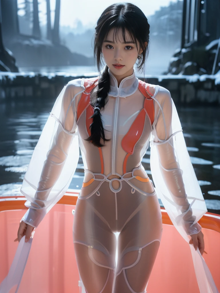 ((A woman)), 美丽脸庞的Sexy中国华裔女明星, Wearing red strappy bikini underwear, Wearing a pink transparent shirt, Wearing a grey transparent skirt, (((浅色theme, 暴露theme, Sexytheme)))
((Transparent adhesive clothes: 1.5), (Revealing clothes: 1.5),  (Wet clothes:1.5), (Color of clothes: Pink), (theme: vitality), ((Wearing transparent clothing)))
 (((night, Private pool, Surrounded by fog, Dense bamboo forest, Standing in the water, Snow Scene)))
((desktop:1.0), (最high quality:1.0), (high resolution:1.2), (Reality:1.0),( Ultra HD:1.3))
((8K Ultra HD, 8K, 超high resolution, high resolution, 最high quality, high quality, Best image quality, Super Fine,  Ultra-clear, Clear focus, Clear outline, masterpiece, Masterpieces, complete pattern, Detailed photos, Original photo, Delicate facial features, Well-defined, Highly rated works, Close-up depth of field photography, Above the knee, Symmetrical character)), 
((Creating the image of a real girl), Realistic shadows, Soft natural light, Soft lighting, Dynamic Angle, Dynamic poses, Elegant Posture, Cowboy lens, Full body front view, Be confident, Facing the camera, Eyes looking towards camera lens, Standing posture, Open your legs slightly, Legs open, Golden Ratio Graphics, Minimalism, Center the character), 
((Smile, Sexy的, Balanced Eyes, Realistic eyes, Beautiful details of the eyes,Pretty Face, (Realistic face), Normal facial features, Realistic skin, Pay attention to skin details, Skin is clean and radiant, Full body glossy skin, Fair skin, Anatomically correct body, Golden ratio figure, Sexy的身材, Detailed and realistic human body)), 
(Perfect makeup, Gloves, earrings, bracelet, necklace, Jewelry, Hair accessories, shawl, sock, Knee socks, 吊garter, Leg ring, garter, 腿部garter), 
((beautiful hair), Dark black hair, Wavy curly hairstyle, Waist-length hair, Messy Hairstyle, Gradient hairstyles, Cyberpunk Hairstyle, High double ponytail hairstyle, Bangs), 
((Sexy的, Beautiful upturned breasts, Perfect breast shape, Teardrop chest shape, Snow-white breasts, Very detailed breasts, 34C cup, Realistic breasts, Realistic areola, Realistic nipples)), 
(Super high waist, Deep V, Low-cut, Sexy, Flattering, Open crotch, (Clear camel toe, (High fork strangulation))),