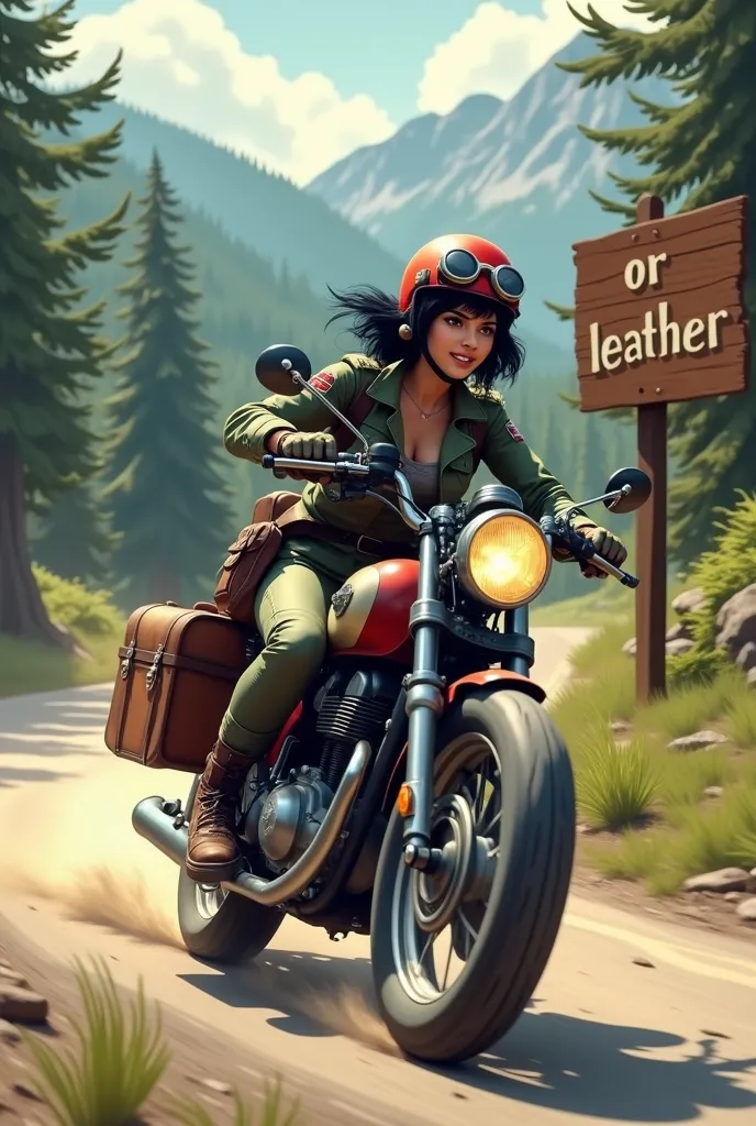 A large wooden sign by the roadside with the words OR LEATHER written on it.　Young woman with short black hair, Beautiful and attractive face, Vintage half helmet and goggles、Wearing a military jacket, Shoes and gloves, A sturdy motorcycle with block tires is speeding down a winding forest road..., The rear wheel kicks up dust. The back of the motorcycle is packed with travel luggage..., Lush tree々、A desolate, dusty forest road,  Far away, The quiet lake sparkles、Surrounding mountains々々Showing vibrant colors、;Keep your eyes on the horizon, With a free and wild spirit, She encounters the unknown, Wind blowing through my hair、The roar of the engine echoes through the forest...