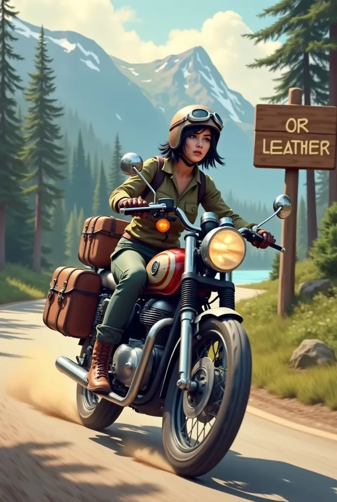 A large wooden sign by the roadside with the words OR LEATHER written on it.　Young woman with short black hair, Beautiful and attractive face, Vintage half helmet and goggles、Wearing a military jacket, Shoes and gloves, A sturdy motorcycle with block tires is speeding down a winding forest road..., The rear wheel kicks up dust. The back of the motorcycle is packed with travel luggage..., Lush tree々、A desolate, dusty forest road,  Far away, The quiet lake sparkles、Surrounding mountains々々Showing vibrant colors、;Keep your eyes on the horizon, With a free and wild spirit, She encounters the unknown, Wind blowing through my hair、The roar of the engine echoes through the forest...