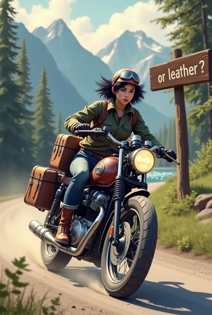 A large wooden sign by the roadside with the words OR LEATHER written on it.　Young woman with short black hair, Beautiful and attractive face, Vintage half helmet and goggles、Wearing a military jacket, Shoes and gloves, A sturdy motorcycle with block tires is speeding down a winding forest road..., The rear wheel kicks up dust. The back of the motorcycle is packed with travel luggage..., Lush tree々、A desolate, dusty forest road,  Far away, The quiet lake sparkles、Surrounding mountains々々Showing vibrant colors、;Keep your eyes on the horizon, With a free and wild spirit, She encounters the unknown, Wind blowing through my hair、The roar of the engine echoes through the forest...