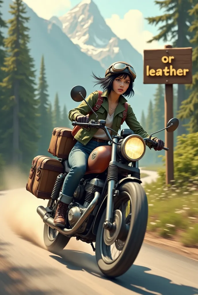 A large wooden sign by the roadside with the words OR LEATHER written on it.　Young woman with short black hair, Beautiful and attractive face, Vintage half helmet and goggles、Wearing a military jacket, Shoes and gloves, A sturdy motorcycle with block tires is speeding down a winding forest road..., The rear wheel kicks up dust. The back of the motorcycle is packed with travel luggage..., Lush tree々、A desolate, dusty forest road,  Far away, The quiet lake sparkles、Surrounding mountains々々Showing vibrant colors、;Keep your eyes on the horizon, With a free and wild spirit, She encounters the unknown, Wind blowing through my hair、The roar of the engine echoes through the forest...