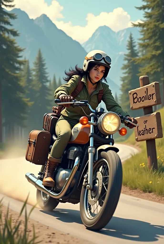 A large wooden sign by the roadside with the words OR LEATHER written on it.　Young woman with short black hair, Beautiful and attractive face, Vintage half helmet and goggles、Wearing a military jacket, Shoes and gloves, A sturdy motorcycle with block tires is speeding down a winding forest road..., The rear wheel kicks up dust. The back of the motorcycle is packed with travel luggage..., Lush tree々、A desolate, dusty forest road,  Far away, The quiet lake sparkles、Surrounding mountains々々Showing vibrant colors、;Keep your eyes on the horizon, With a free and wild spirit, She encounters the unknown, Wind blowing through my hair、The roar of the engine echoes through the forest...