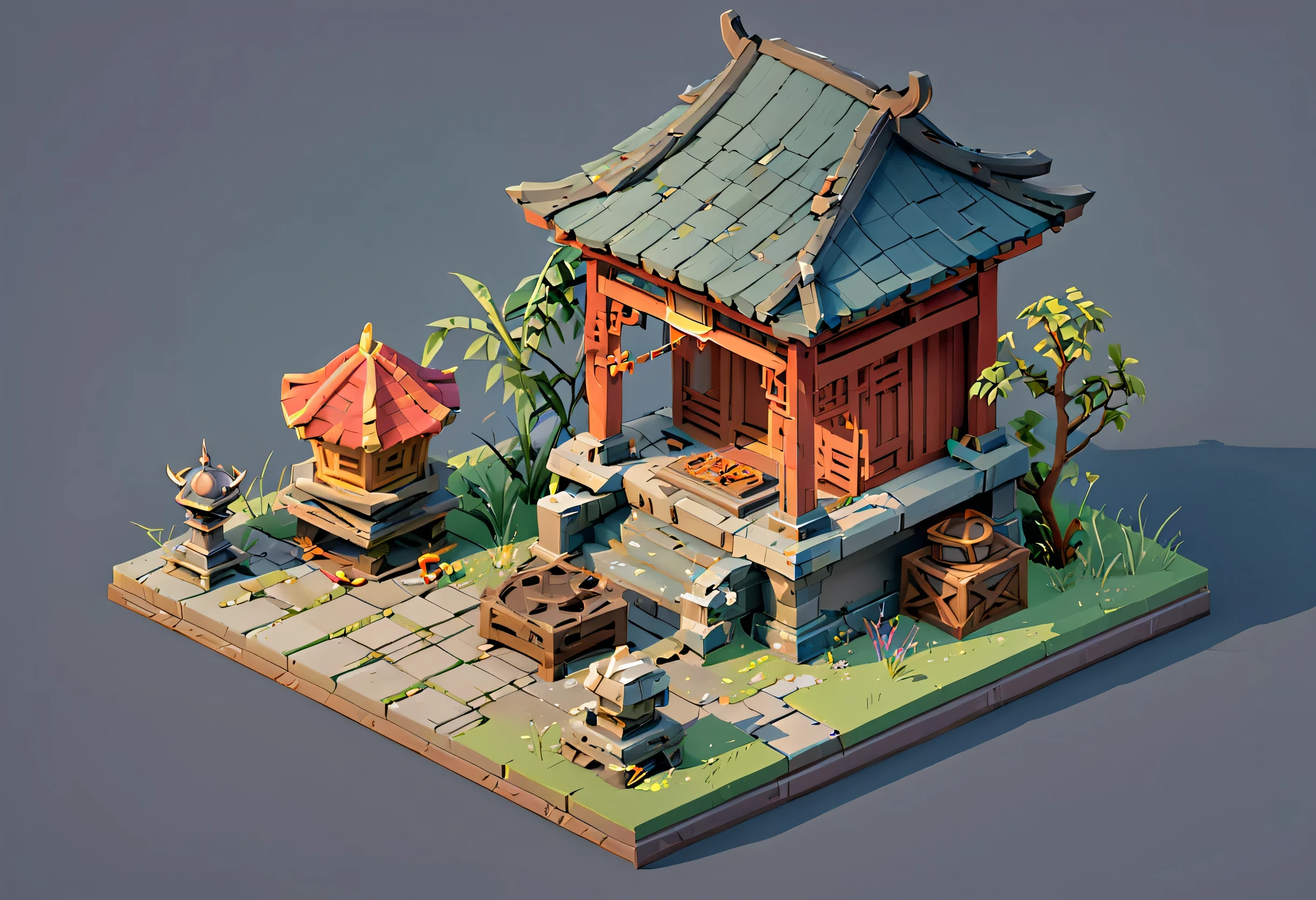 Isometric Chinese Wind Q Edition close-up of a demon and a demon figurine, Circular altar, Isometric Game assets, Game Assets Mystery, Game Render, War-torn environments, polycount Contest winners, Ancient weeds! Ruins, isometric game art