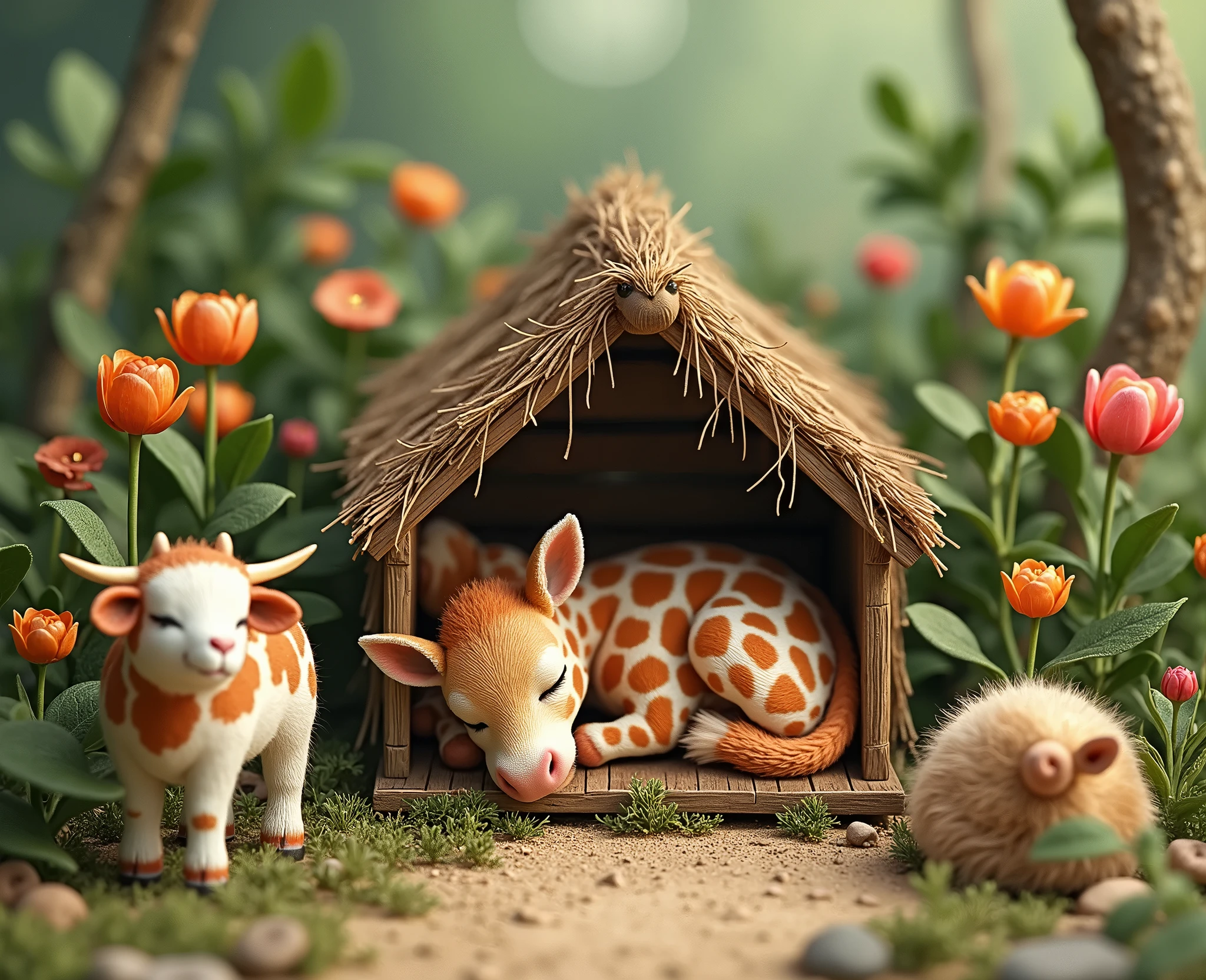 araffe baby sleeping in a hut with a cow and flowers, a digital rendering inspired by Anne Geddes, shutterstock contest winner, conceptual art, jungle setting, mystical setting, vignette, rustic, rustic setting, vijay jayant props, green and orange theme, dreamy and detailed, tropical setting, in a jungle environment, eye catching composition