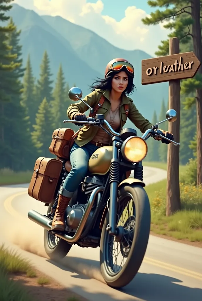 A large wooden sign by the roadside with the words OR LEATHER written on it.　Young woman with short black hair, Beautiful and attractive face, Vintage half helmet and goggles、Wearing a military jacket, Shoes and gloves, A sturdy motorcycle with block tires is speeding down a winding forest road..., The rear wheel kicks up dust. The back of the motorcycle is packed with travel luggage..., Lush tree々、A desolate, dusty forest road,  Far away, The quiet lake sparkles、Surrounding mountains々々Showing vibrant colors、;Keep your eyes on the horizon, With a free and wild spirit, She encounters the unknown, Wind blowing through my hair、The roar of the engine echoes through the forest...