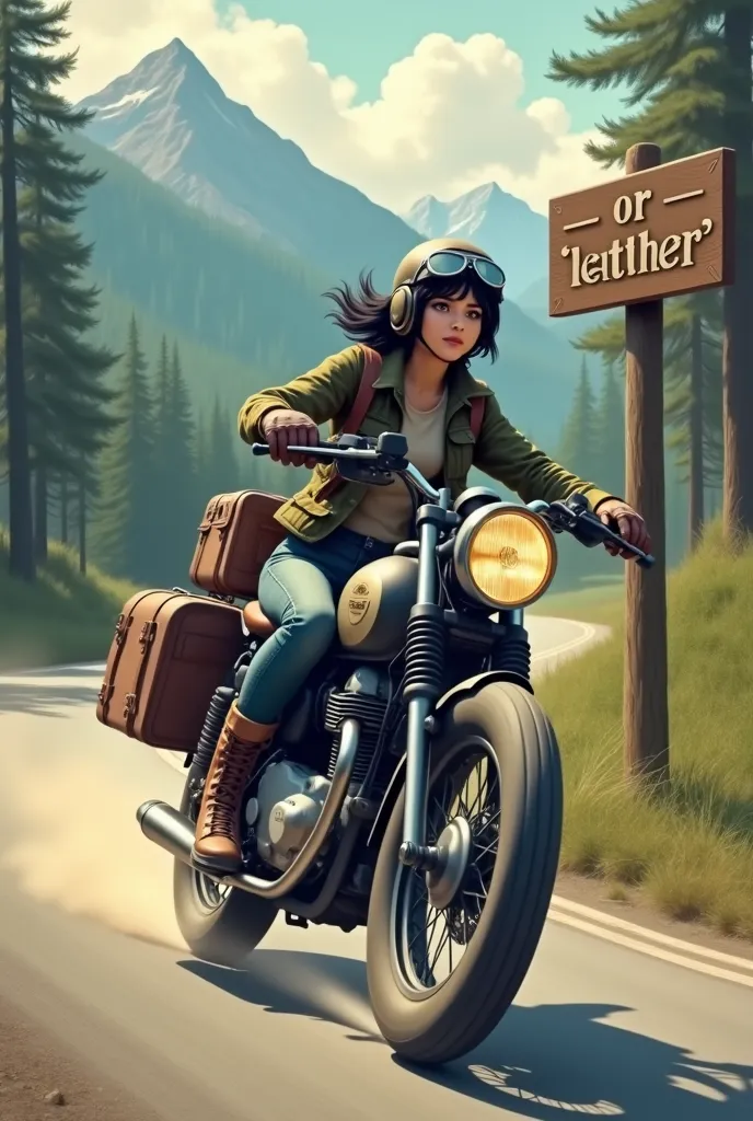 A large wooden sign by the roadside with the words OR LEATHER written on it.　Young woman with short black hair, Beautiful and attractive face, Vintage half helmet and goggles、Wearing a military jacket, Shoes and gloves, A sturdy motorcycle with block tires is speeding down a winding forest road..., The rear wheel kicks up dust. The back of the motorcycle is packed with travel luggage..., Lush tree々、A desolate, dusty forest road,  Far away, The quiet lake sparkles、Surrounding mountains々々Showing vibrant colors、;Keep your eyes on the horizon, With a free and wild spirit, She encounters the unknown, Wind blowing through my hair、The roar of the engine echoes through the forest...