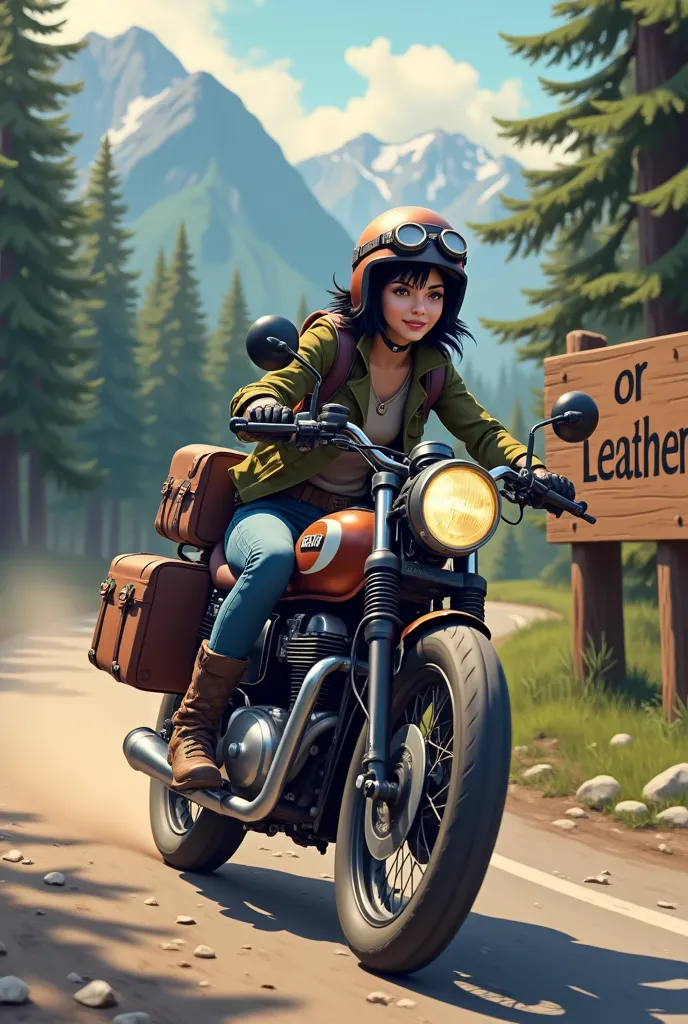 A large wooden sign by the roadside with the words OR LEATHER written on it.　Young woman with short black hair, Beautiful and attractive face, Vintage half helmet and goggles、Wearing a military jacket, Shoes and gloves, A sturdy motorcycle with block tires is speeding down a winding forest road..., The rear wheel kicks up dust. The back of the motorcycle is packed with travel luggage..., Lush tree々、A desolate, dusty forest road,  Far away, The quiet lake sparkles、Surrounding mountains々々Showing vibrant colors、;Keep your eyes on the horizon, With a free and wild spirit, She encounters the unknown, Wind blowing through my hair、The roar of the engine echoes through the forest...