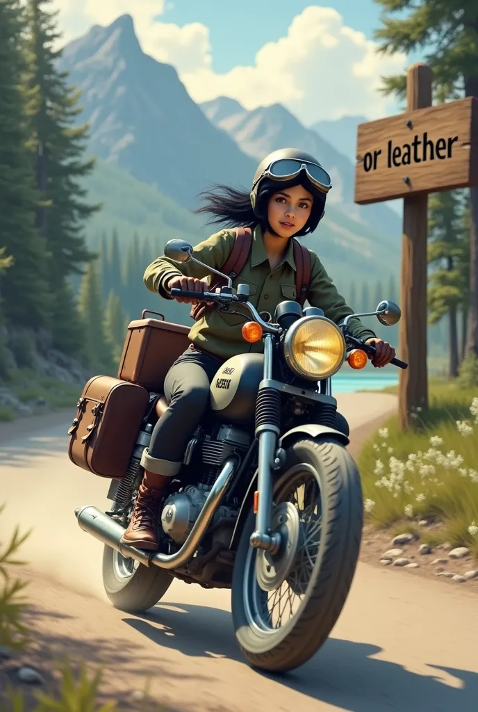 A large wooden sign by the roadside with the words OR LEATHER written on it.　Young woman with short black hair, Beautiful and attractive face, Vintage half helmet and goggles、Wearing a military jacket, Shoes and gloves, A sturdy motorcycle with block tires is speeding down a winding forest road..., The rear wheel kicks up dust. The back of the motorcycle is packed with travel luggage..., Lush tree々、A desolate, dusty forest road,  Far away, The quiet lake sparkles、Surrounding mountains々々Showing vibrant colors、;Keep your eyes on the horizon, With a free and wild spirit, She encounters the unknown, Wind blowing through my hair、The roar of the engine echoes through the forest...