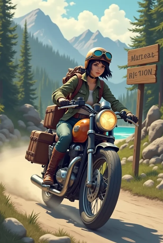 A large wooden sign by the roadside with the words OR LEATHER written on it.　Young woman with short black hair, Beautiful and attractive face, Vintage half helmet and goggles、Wearing a military jacket, Shoes and gloves, A sturdy motorcycle with block tires is speeding down a winding forest road..., The rear wheel kicks up dust. The back of the motorcycle is packed with travel luggage..., Lush tree々、A desolate, dusty forest road,  Far away, The quiet lake sparkles、Surrounding mountains々々Showing vibrant colors、;Keep your eyes on the horizon, With a free and wild spirit, She encounters the unknown, Wind blowing through my hair、The roar of the engine echoes through the forest...