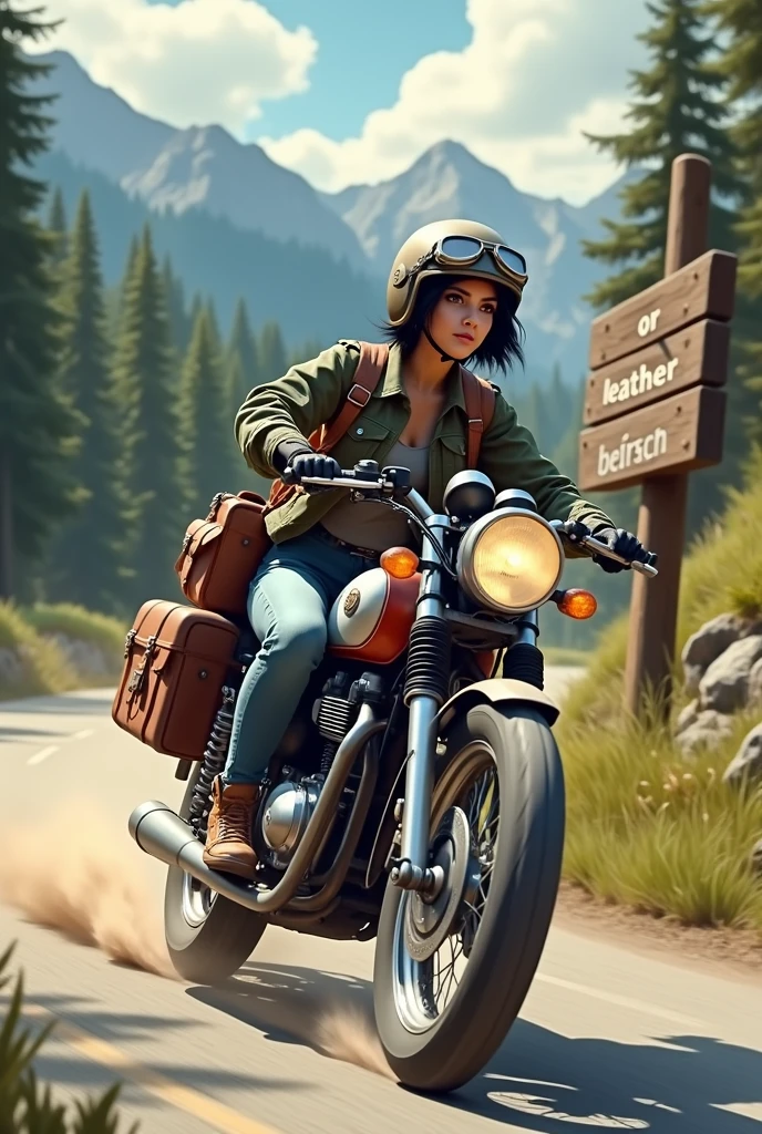 A large wooden sign by the roadside with the words OR LEATHER written on it.　Young woman with short black hair, Beautiful and attractive face, Vintage half helmet and goggles、Wearing a military jacket, Shoes and gloves, A sturdy motorcycle with block tires is speeding down a winding forest road..., The rear wheel kicks up dust. The back of the motorcycle is packed with travel luggage..., Lush tree々、A desolate, dusty forest road,  Far away, The quiet lake sparkles、Surrounding mountains々々Showing vibrant colors、;Keep your eyes on the horizon, With a free and wild spirit, She encounters the unknown, Wind blowing through my hair、The roar of the engine echoes through the forest...