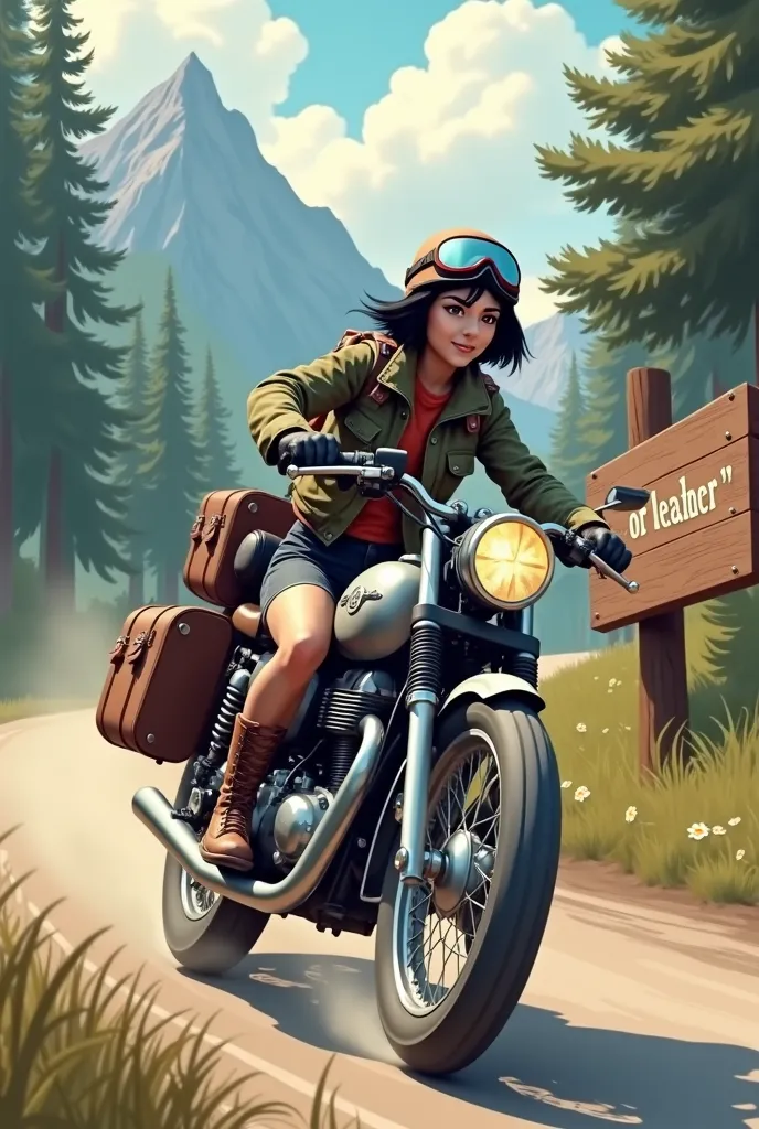 A large wooden sign by the roadside with the words OR LEATHER written on it.　Young woman with short black hair, Beautiful and attractive face, Vintage half helmet and goggles、Wearing a military jacket, Shoes and gloves, A sturdy motorcycle with block tires is speeding down a winding forest road..., The rear wheel kicks up dust. The back of the motorcycle is packed with travel luggage..., Lush tree々、A desolate, dusty forest road,  Far away, The quiet lake sparkles、Surrounding mountains々々Showing vibrant colors、;Keep your eyes on the horizon, With a free and wild spirit, She encounters the unknown, Wind blowing through my hair、The roar of the engine echoes through the forest...