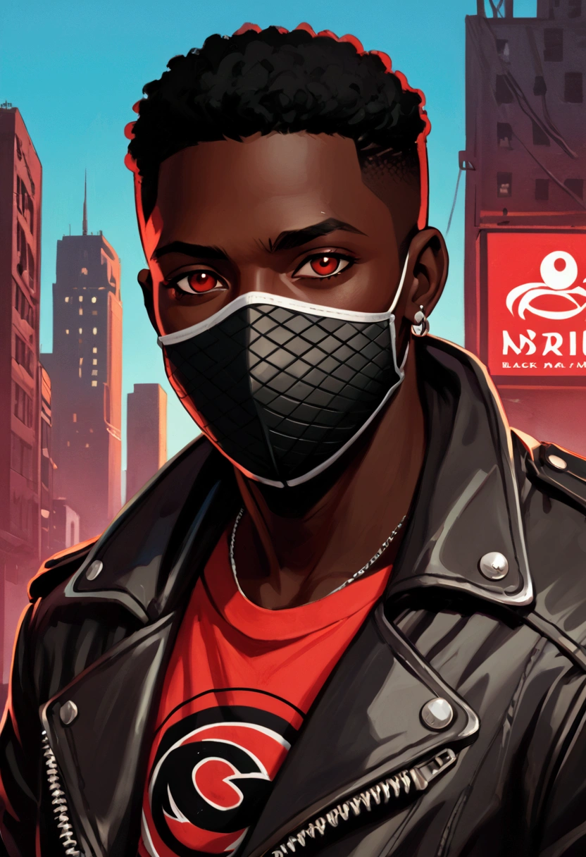 (masterpiece), (best quality), (Highres), Detailed, (Inricate Details 1.2), (Hyper Detailed 1.4), (Ornate Digital Art 1.2), (detailed background:1.2, post-apocalyptic city, black and blue sky),((dark skin, handsome face,cool facemask, smiling)) (((black:1.25,silver:0.75, crimson:0.50))) An ((dark red eyes)) an dark skin man wearing a facemask and a leather jacket with red outlines, red shirt with white snake logo, handsome hip hop young black man, in style of digital illustration, rap album cover, rap album cover art, hip hop aesthetic, clean artstyle, trigger anime artstyle, phone background, hip - hop album art cover, high quality fanart, epic portrait illustration, vector style, official artwork, official artwork, cartoon art style, high quality portrait, detailed anime character art, high quality anime artstyle, close up character, loish art style, loish |, character close up, closeup character portrait, character concept portrait of male, detailed character portrait, a character portrait, character portrait of me, character portrait closeup, loish and wlop, stylized portrait