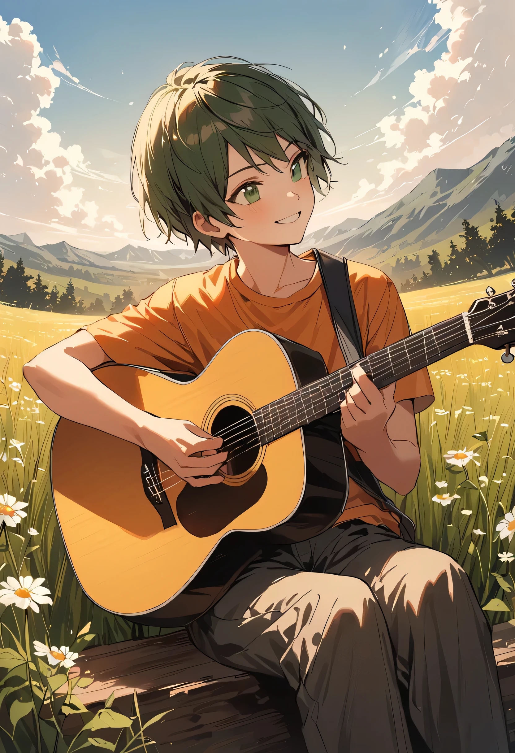 Highest quality、Thick Coating、Very detailed、Spectacular backdrop、Clear skies、A few clouds、Detailed grassland、A little flower、Big River、Junior high school students、Cute boy、 1 person、Playing Acoustic Guitar、profile、 Realistic,、Dark green hair、Mash Hair、Short Hair、Green Eyes、Orange T-shirt、Black cargo pants、Cross-legged、sit、Singing、smile、The right acoustic guitar、100 million yen guitar、Wood grain guitar、The right guitar size and shape、Light brown guitar、Oblique angle、