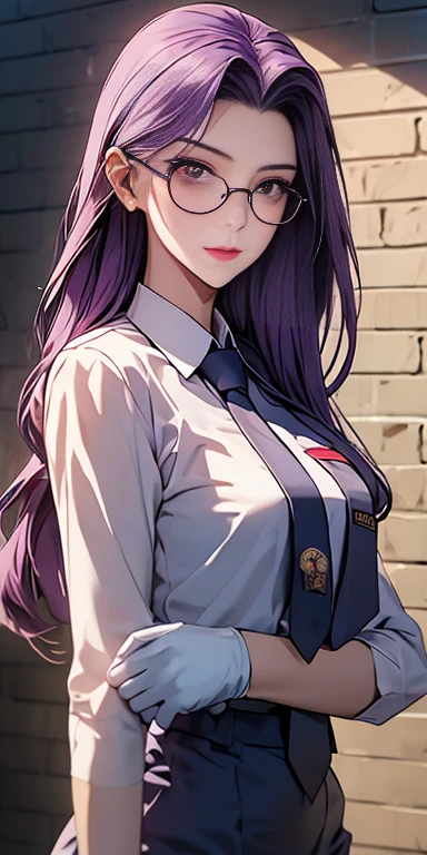 highest quality, masterpiece, high resolution,only {Black business suit:1.40} {tie:1.20} {sunglasses:1.25} {White gloves:1.15} { White shirt:1.10} {Black Skirt:1.15} good looking {Medusa_FGO:1.15} length_hair, purple_hair, very_length_hair, purple_eye, chest, big_chest, 1girl, solo, white background, brick wall backdrop, upper body, looking at viewer, bare arms, folded arms