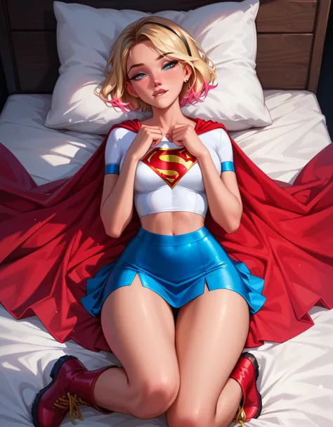 score_9, score_8_up, score_7_up, 1girl, (short hair gwen stacy, blonde, colorful highlights, wearing supergirl costume, tight wh...