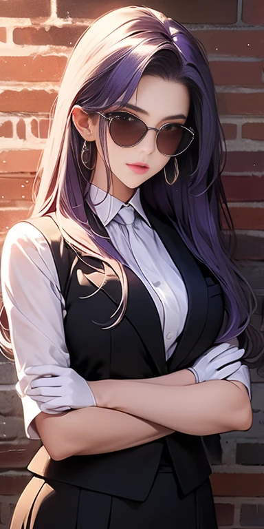 highest quality, masterpiece, high resolution,only {Black business suit:1.40} {tie:1.20} {sunglasses:1.25} {White gloves:1.15} { White shirt:1.10} {Black Skirt:1.15} good looking {Medusa_FGO:1.15} length_hair, purple_hair, very_length_hair, purple_eye, chest, big_chest, 1girl, solo, white background, brick wall backdrop, upper body, looking at viewer, bare arms, folded arms