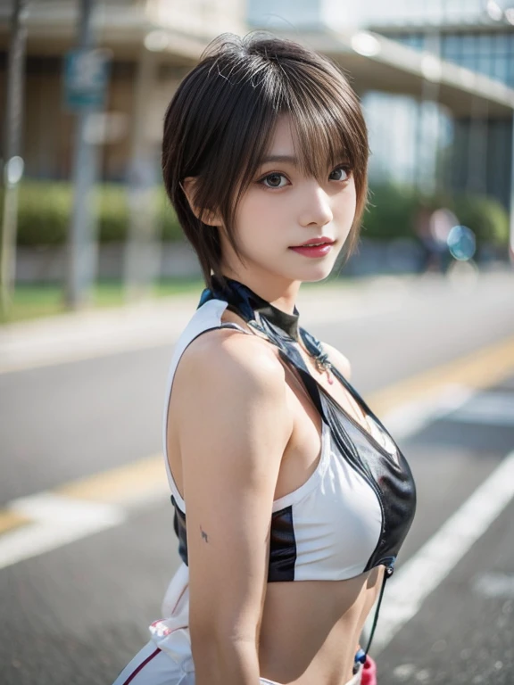 20 year old Japanese beauty，One woman、Muscular body like a bodybuilder、Emphasize the breasts、Slit eyes、A head-to-toe view，Bust is very very large、The background is the circuit、High quality photos、Clear, crisp images of the lower body、masterpiece 8k、From the front, from the side, from the back, etc.々from what camera angle to shoot、Wearing a diamond necklace、I have blonde hair、Race Queen Cosplay、Blow a kiss towards me