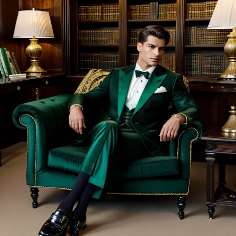 full length photo, of a beautiful andogynous prince in a emerald-green and black brocarde shiny suit, white shirt, looking perve...