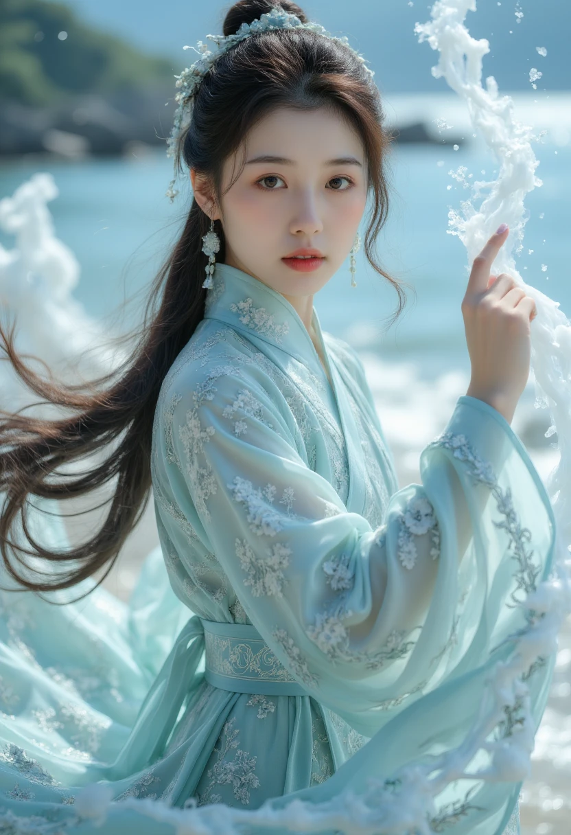 1 girl,Hanfu,Practical,
(masterpiece, high quality, Best, Official art, Beautiful and beautiful, Long-term contact:1.2),Smooth motion,Charming Pattern,
1 girl,Jade Eyes,Long black hair,
portrait,Solitary,Upper body,Watch the audience,Detailed background,Detailed facial information,(Crystalline Aluminum, water晶主题:1.1),elemental water wizard,swirling water,controlling the water,Fantasy wizard costume,Dynamic poses,Floating particles,Ethereal Dynamics,water,steam,Ocean background,Blue tint,coastal,Holy atmosphere,