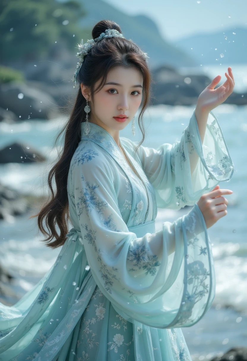 1 girl,Hanfu,Practical,
(masterpiece, high quality, Best, Official art, Beautiful and beautiful, Long-term contact:1.2),Smooth motion,Charming Pattern,
1 girl,Jade Eyes,Long black hair,
portrait,Solitary,Upper body,Watch the audience,Detailed background,Detailed facial information,(Crystalline Aluminum, water晶主题:1.1),elemental water wizard,swirling water,controlling the water,Fantasy wizard costume,Dynamic poses,Floating particles,Ethereal Dynamics,water,steam,Ocean background,Blue tint,coastal,Holy atmosphere,