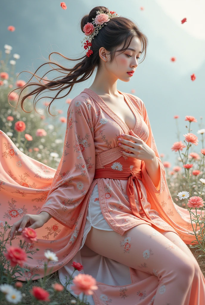 Ultra high quality，masterpiece，Perfect illustration，Extremely high level of detail(Exquisite light and shadow，This picture is very dramatic，)zhongfenghua， 1 Girl Full Body， Showing legs，White lace stockings wrapped around calves，Showing cleavage，solo， Hanfu，  Flower Field， flowering， （White smoke：1.3） （Realistically：1.4）， Zen entanglement，Red, Black and white Hanfu， Tangled， Official art， Unity 8k wallpaper， Super Detail， Beautiful and beautiful， masterpiece，Best quality， （Dynamic Angle：1.4）， Radiant Skin， （Floating colorful glitter：1）The most beautiful form of chaos，grace，Favestar Design，Bright colors，Romantic Depth of Field_dance， Half_naked