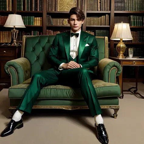 full length photo, of a beautiful andogynous prince in a emerald-green and black brocarde shiny suit, white shirt, looking perve...