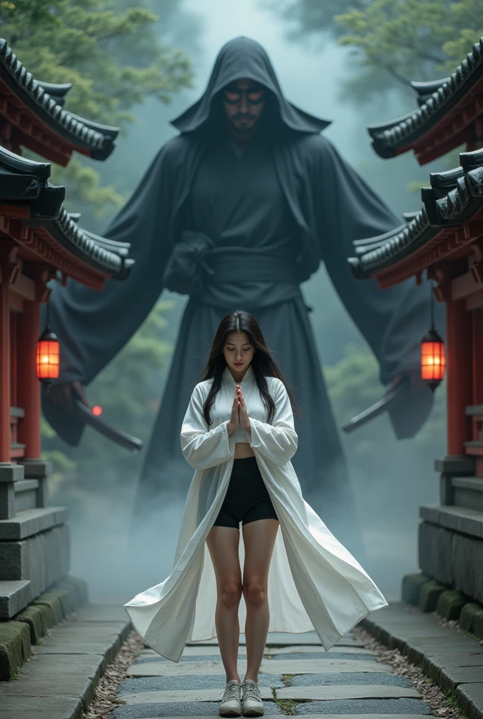 Bird&#39;s eye view，A Japanese shrine maiden in a white top and black bottoms is stunningly beautiful, Prayer pose，Exudes a sense of tranquility. However, There was an ominous aura behind her., The Samurai&#39;s Revenge Emerges in the Dark, Weird black smell, It adds a striking contrast to the otherwise tranquil scene.. The contrast between the elegance of the girl and the gloom of the warrior，Create a charming image，Blending beauty with supernatural intrigue, Inviting the audience to think about the duality of peace and revenge.Xianxia