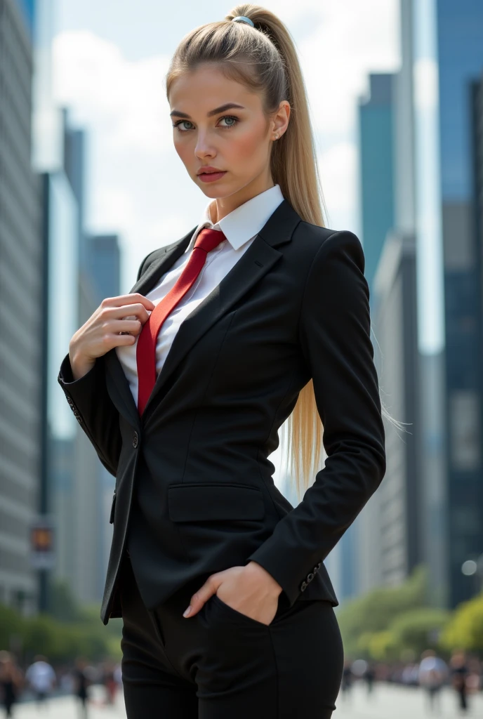 1 girl, Detailed face, Blue Eyes detalhados, blond, Long Ponytail, Blue Eyes, serious, , Huge breasts, Huge ass, Black clothing, Business suit, Red tie, pants, outdoor, City