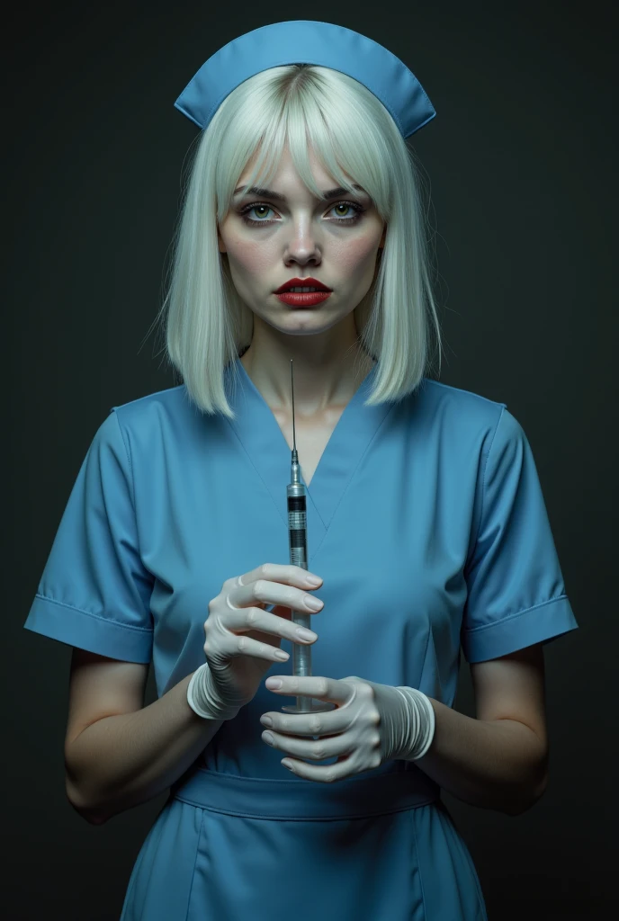 Nurse in blue dress,Short straight white hair, cat&#39;Eye iris,Sharp Teeth,Wear gloves,Holding a syringe