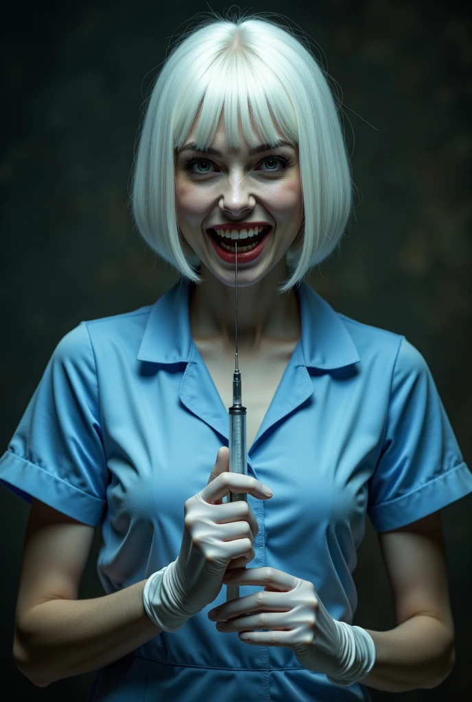 Nurse in blue dress,Short straight white hair, cat&#39;Eye iris,Sharp Teeth,Wear gloves,Holding a syringe